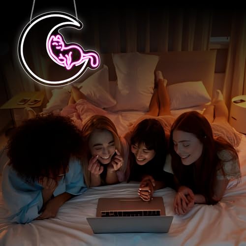 Image of Neon Sign, HSJNJKFU Moon Cat Neon Signs for Wall Decor White Pink LED Cat Signs for Man Cave Room Home Party Birthday Beer Signs - Neon Light USB Powered