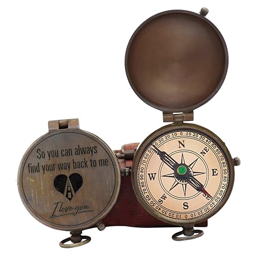 Brújula de bolsillo grabada "Way Back To Me-Compass" de latón sólido con estuche de cuero miniatura 3