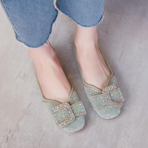 Image of SAILING LU Women's Rhinestone Square Toe Bowknots Ballet Flats Loafers