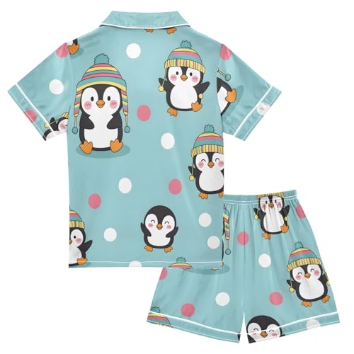 Satin Pajama Sets Short Sleeve Cute Penguins with Colorful Hats Button Down Silky Nightwear 2 Piece PJS 5-14Y2