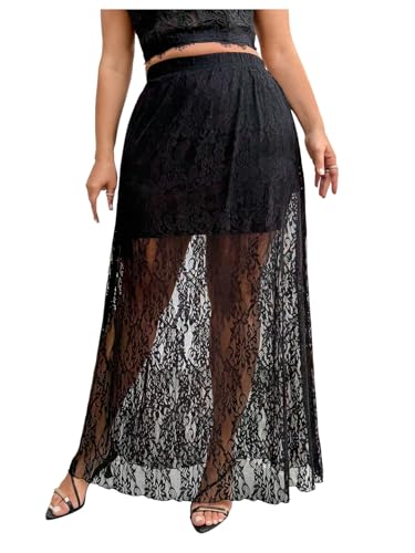 Verdusa Women's Plus Size Floral Lace Sheer Long Skirts High Rise A Line Flowy Skirt