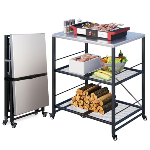 YODOLLA Desserte Plancha Exterieur,Desserte Jardin, Chariot de Barbecue 3 Niveaux,Table Pliable en Acier Inoxydable sur roulettes, Chariot de Repas Jardin et...