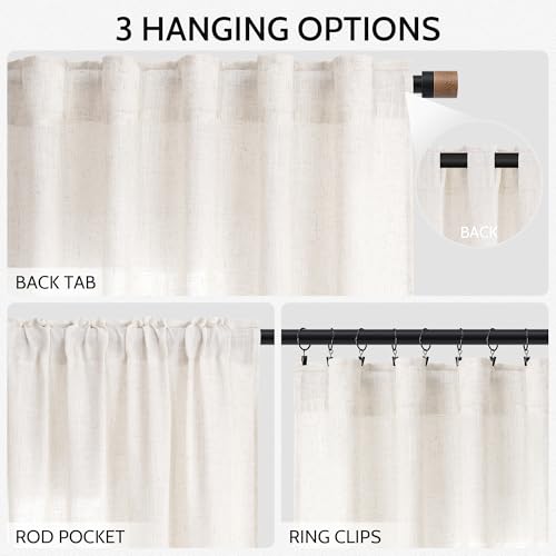 Image of Ivory White Linen Back Tab Curtains 84 Inch Length for Bedroom /Living Room 2 Panel Set Neutral Modern Farmhouse Window Privacy Semi Sheer Linen Drapes Rustic Pinch Curtain Ivory 52X84