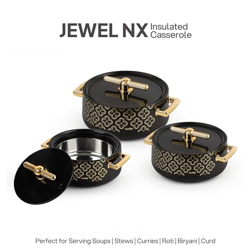 Image of CELLO Jewel NX Insulated Casserole Set of 3 Pcs (500ml, 1000ml, 1500ml) Black | Double Wall Insulated Hot Pot Case Keeps Food Hot & Warm For Long Hours, Casserole Hot Pot Set For Roti, Chapati, Rice