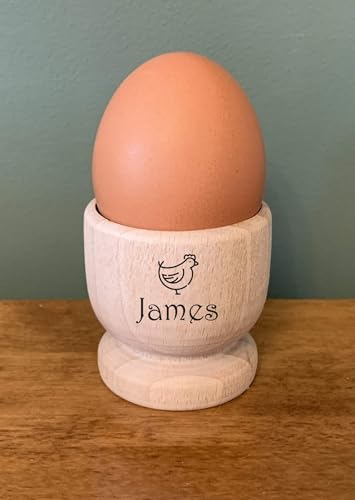Personalised Wooden Egg Cup Gift Idea For Kids Mum Dad, Engraved With A Name And Hen Image