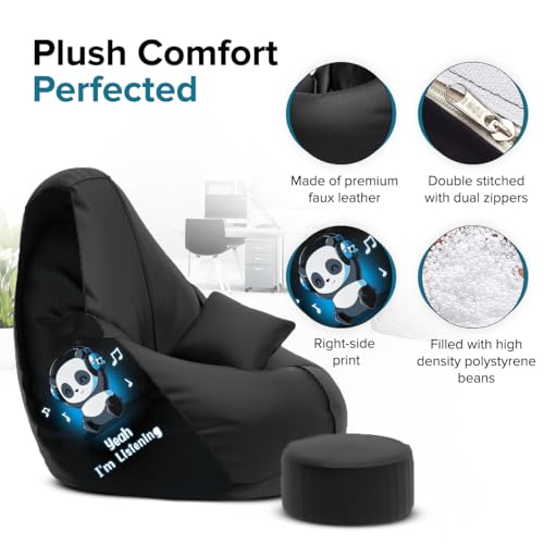 Image of Amazon Brand - Solimo 3XL Premium Faux Leather Bean Bag Combo with Footrest & Cushion, Filled with Beans | Capacity: Upto 6 Ft 3 in Height, 120 KG Weight | Yeah I'm Listening Print