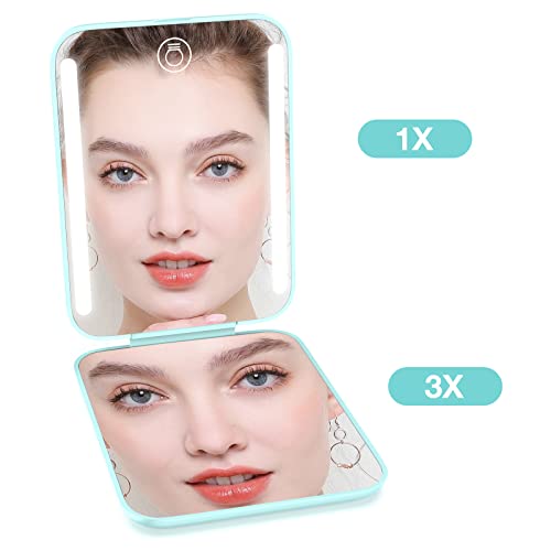Kintion Rechargeable Pocket Mirror, 1X/3X Magnification Led Compact Travel Makeup Mirror, 3 Color Temperature, Dimmable, 250Mah, Portable Compact Mirror, Small Purse Mirrors For Women Gift, Cyan #TOP2