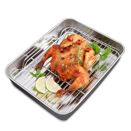 Plplaaoo Roasting Pan with Rack,Stainless Steel Turkey Roaster Pan 2inch Deep,Large Roasting Pan,Easy Clean Rectangular Deep Dish Oven-BBQ Bakeware for Baking Cooking (9.3 * 6.9 * 2.0Inch)