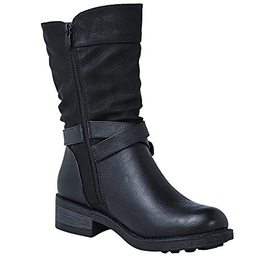 GLOBALWIN Women's Fall Fashion Biker Boots Mid Calf Boots For Women Low Heel3