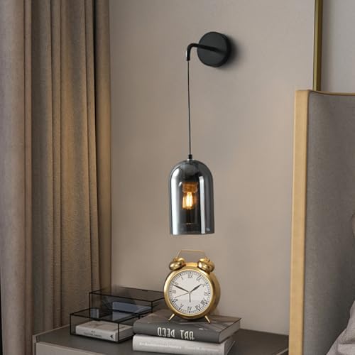 Kinkiety do sypialni, styl industrialny vintage, gęsia szyja, czarne, rustykalne złote detale, szare szkło, bursztynowe szkło, styl połowy wieku, do sypialni