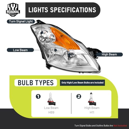 Image of Headlights for 2007-2009 Nissan Altima 4 Door Sedan | Halogen Headlamp Replacement with High Low Beam Bulbs, Chrome Housing, Driver & Passenger Side