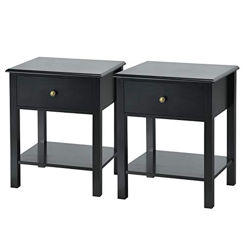 Giantex Nightstand W/Drawer and Shelf, Stable Frame Storage Cabinet for Bedroom, Modern Beside Sofa Accent End Table(2,Black)