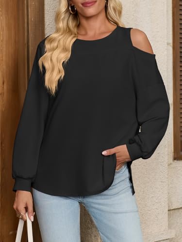 Fisoew Womens Cold Shoulder Tops Casual Long Sleeve Crewneck Basic Loose Fall Fashion T Shirts4
