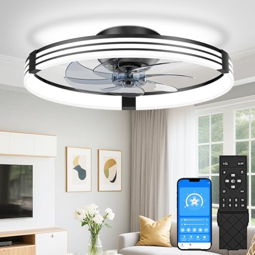 VOLISUN Low Profile Ceiling Fans with Lights and Remote, 20in Flush Mount Ceiling Fan with Light, 3000K-6500K Dimmable Fandelier LED Fan Light, Black Bladeless Ceiling Fans with Lights for Bedroom - image 8