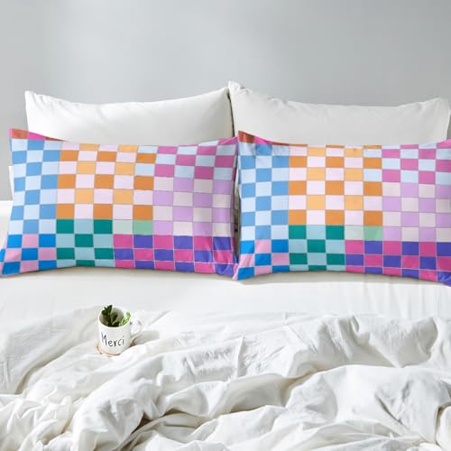 Image of Erosebridal Colorful Checkered Bed Sheets Full Rainbow Checkerboard Grid Sheet Set Blue Pink Purple Ombre Plaid Fitted Sheet for Kids Boys Girls Women,Geometric Groovy Aesthetic Flat Sheet 4 Pcs