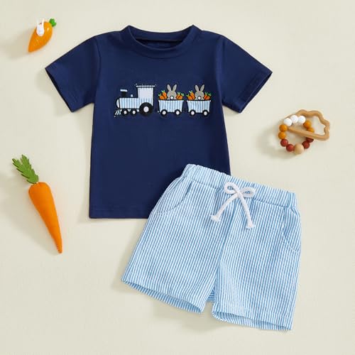 Image of Toddler Baby Boy Easter Rabbit Outfit Short Sleeve Bunny Carrot Smocked T-shirt Elastic Waist Shorts Summer Clothes