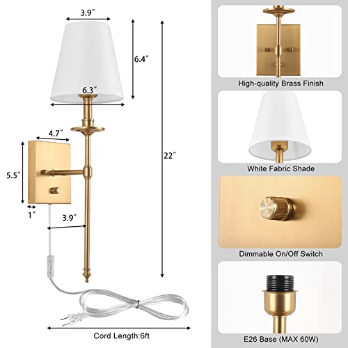 Dimmable Wall Sconces Set of Two, Plug in Wall Sconces White Fabric Shade, Wall Lamp for Bedroom, Living room, Plug in Wall Light Sconces Wall Decor Set of 2, LED Bulbs Included, Antique Brass