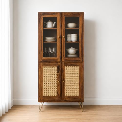 Solid Sheesham Wood Crockery Cabinet | Storage Unit with Glass Do...