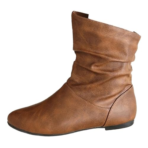 Women's Slouch Ankle Flat Boots Outdoor Comfy Casual Waterproof Walking Shoe Classic Vintage Round Toe Slip On Mid Calf Boots Fashion Shoes