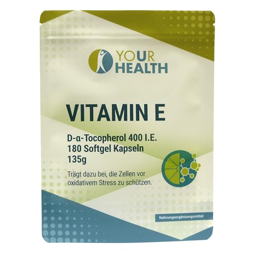 uHealth Vitamin E 400 I.E. - 180 Softgel Kapseln je 360 mg Alpha-D-Tocopherol - Natürliche E-Vitamine als Nahrungsergänzungsmittel - Starkes Antioxidans - Made in...