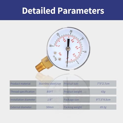 Regun Radialölgefülltes Vakuum Manometer, -1-0Bar -30-0inhg Universal Vakuum-Druckmanometer 50mm 1/8 BSPT Messing Unterdruck Manometer für Wasser, Öl, Luft oder Gas