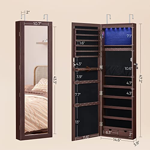 SONGMICS 6 LEDs Mirror Jewelry Cabinet, 47.2-Inch Tall Lockable Wall or Door Mounted Jewelry Armoire Organizer with Mirror, 2 Drawers, Brown UJJC93K