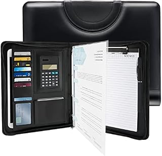 icyant A4 Business Portfolio Organizer, Leather Zipped Conference Folder, Business Padfolio Case with Zipped Magnetic Handle/Ring Binder/Calculator/10 File Pockets/Clipboard/Notepad for Interview