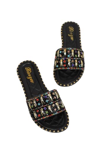 SweatyRocks Women's Rhinestone Beaded Flats Sandals Slip On Leather Slide Sandals