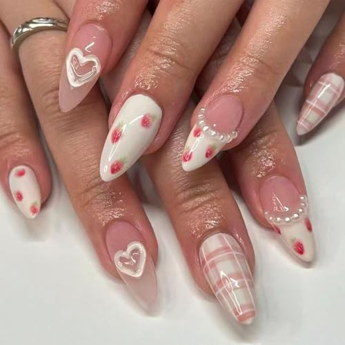 Strawberry & Heart Press on Nails Medium Almond Fake Nails Valentines Pink Nails Press ons with Plaid Design Full Cover Stick on Nails for Women Manicure,Reusable | Glue Tabs | Easy Apply | 24Pcs