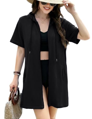 Gihuo 水着 カバーアップ 女性用 テリークロス 水着 スイムビーチ ロンパース フード付き ポケット付き レディース 2025 バケーション, ブラック, Largeの商品画像（Amazon）