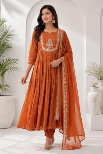 Image of Women's Cotton Embroidery Anarkali Kurti and Pant with Dupatta Set