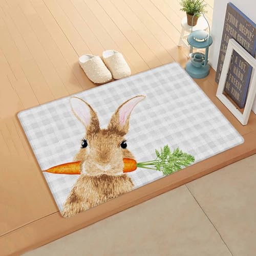 Easter Carrots Rabbit Kitchen Bath Door Mat Cushioned Runner Rug,Washable Welcome Floor Sink Antifatigue Mat,Waterproof & Non-Slip Comfort Standing Doormat,Grey Buffalo Plaid Easter Bunny 20