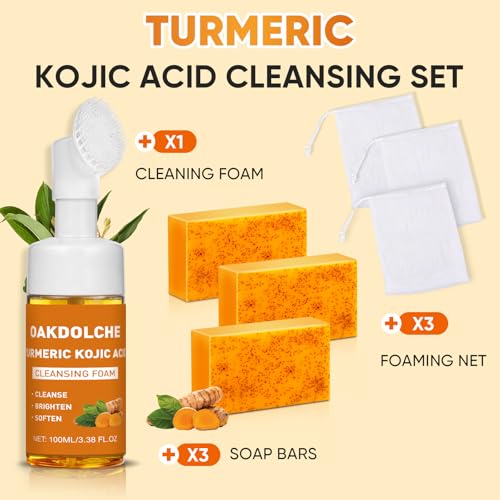 Image of 3Pcs Turmeric Wash Set-Turmeric Face Wash with Brush, 3 Turmeric Kojic Acid Soap Bars(60g), 3 Foaming Nets, Deep Cleansing for Face & Body Cleanser