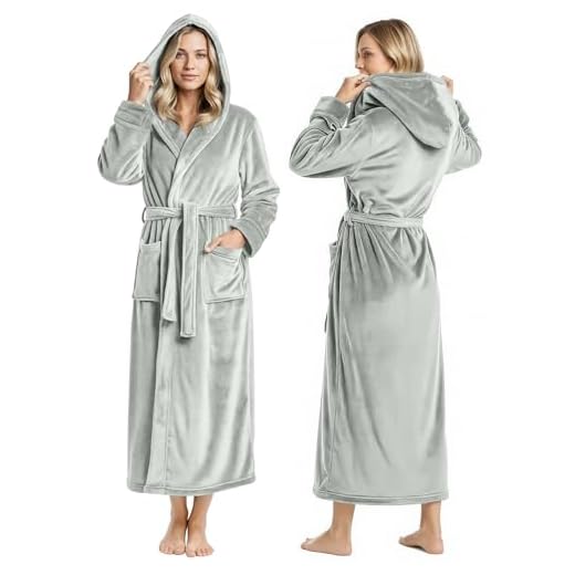 NY Threads Roupão de banho feminino com capuz de lã longo de pelúcia, Cinza claro, Large (Pack of 1)
