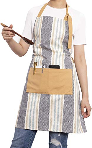 JOHUNT Cotton Aprons for Women with Pockets Vintage Kitchen Apron with Adjustable Neck Strap and Extra Long Tie Cute Striped Bib Apron for Waitress Hairstylist Cooking and Baking