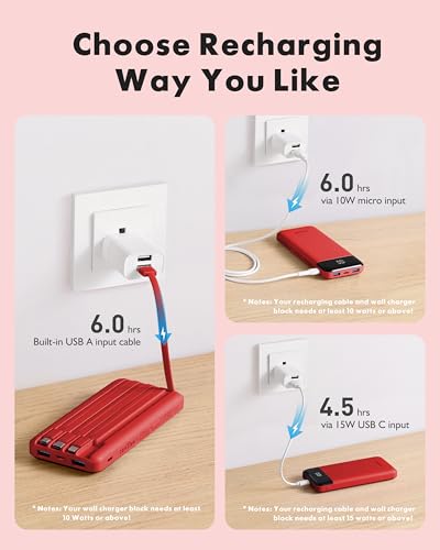 Image of charmast Portable Charger with Reinforced Built-in 4 Cables,10000mAh Power Bank Travel Essentials 6 Outputs 3 Inputs 3A Fast Charging Compatible with iPhone iPad Samsung Google Pixel LG Moto etc.