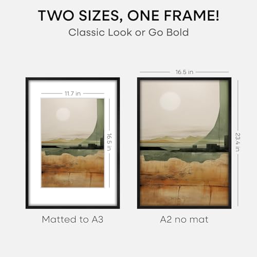 Image of Homeforia A2 Black Oak Picture Frame, High-End Wood, A3 Mat, Glass | High End Solid Oak Wood, Tempered Glass, Acid-Free A3 Removable Mat, A2 Edge-to-Edge Display, Wall Kit, Set Of 1