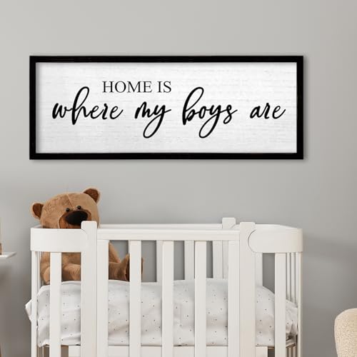 Image of TQianJiang Kids Playroom Wall Decor Home Is Where My Boy Are Art 24"X10" for Family Nursery Bedroom Baby Boy Sign Large Wood Framed Wall Hanging (Black)