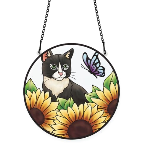PLIGREAT Katze Sonnenblume gebeizt Sonnenfänger Fenster Wandkunst hängendes Ornament gemalt Bunte Schmetterlinge Acrylglas Tafel Handwerk für Gartenhaus Innen- und Außenhängedekorationen