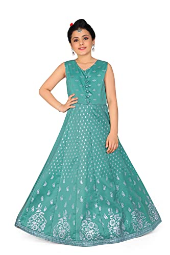 Image of Fashion Dream Girl's Dark Blue Taffeta Maxi Length Foil Printed Dress|Maxi Dress|Printed Dress|Girls Printed Maxi Dress|Long Dress(Rama 7-8 Year)