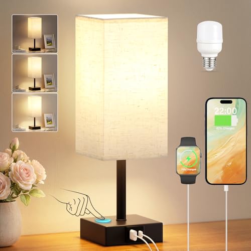 PreeOtti Touch Bedside Lamps Bedside Table Lamp with USB A+C Charging Port