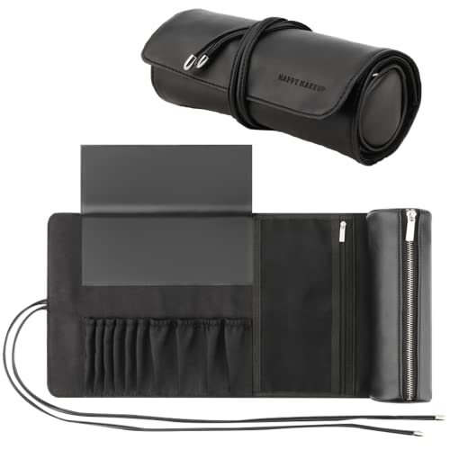 KLDYWSL Roll Cosmetic Bag For Women Detachable Multifunctional Portable Small Makeup Bag For Purse Cosmetic Travel Bag Makeup Pouch Organizer Makeup Brush Organizer Brush Holder(Only Bag, Black, PU Leather)