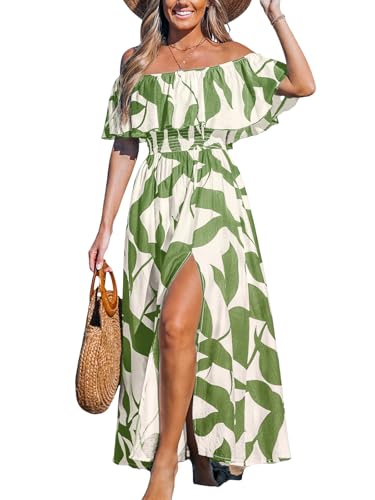 CUPSHE Women Ruffle Floral Maxi Summer Dress Off Shoulder Backless Slit Hem Dresses, Green White L
