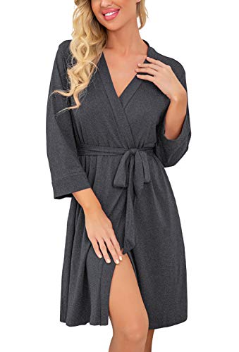 PrinStory Women Kimono Robes Short Lightweight Robe Soft Knit Sleepwear Casual Knit Bathrobe Ladies Loungewear Dark Gray-Medium