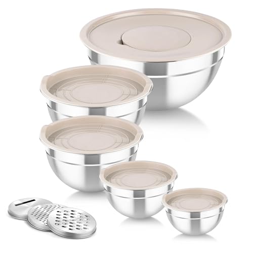 TeamFar Mixing Bowls with Airtight Lids, 5PCS Stainless Steel Metal Salad Bowl with 3 Grater Attachments, for Cooking, Prepping, Serving, Healthy & Easy Clean - 0.7/1/1.5/2.6/4.6QT, Khaki