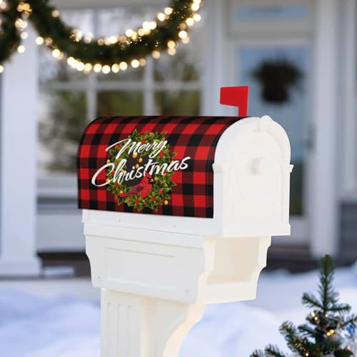 Merry Christmas Magnetic Mailbox Cover - Winter Xmas Wreath Red Buffalo Plaid Garden Yard Home Decor Outdoor Farmhouse Standard 21\" L x 18\" W - Thumbnail 5