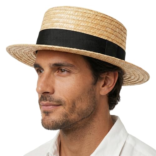 Maixora Straw Boater Hat Men Women Skimmer Hat Wide Brim Amish Hat Christmas Costume Handmade Natural Straw Black (Black)