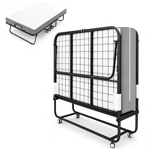 HOMELYM Folding Bed with Mattress, 75'x 38' Fold Up Rollaway Bed for Guest,Portable Foldable Bed for Adults with 5' Memory Foam Mattress & Super Strong Frame