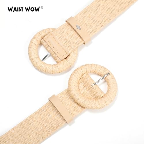 Image of Straw Woven Elastic Belt for Women Stretchy Belts for Dress Fashion Boho Waist Belt Rattan Raffia Ladies Belts