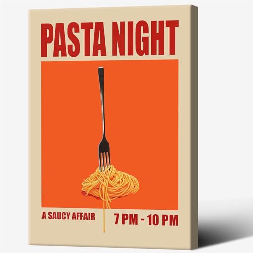 Retro Pasta Night Posters Funny Noodle Food Art Mid Century Modern Kitchen Canvas Wall Preppy Spaghetti Orange Color Prints Painting For Home Bedroom Dorm Wall Decor 16x24in Wframed